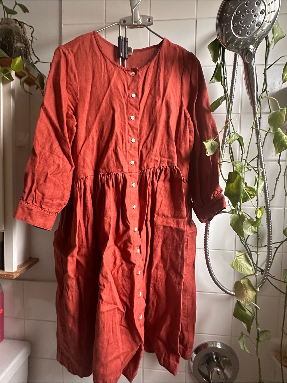Beaton button down dress in rust, medium